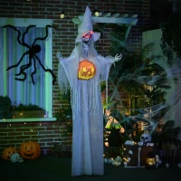 HOMCOM 6ft Outdoor Halloween Decoration Witch with Pumpkin, Hanging Skeleton Witch Prop Life Size with Sound and Motion Activated, Light Up Eyes, Laughing Sound, Posable Arms, White(m-2)
