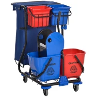 HOMCOM Carro de Limpieza con Bolsa Doble Cubo de 18 Litros Escurridor 2 Cubetas Auxiliares 93x80x97 cm Rojo y Azul(m-1)