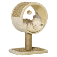 PawHut Árbol para Gatos 40x30x56 cm Ø32cm Torre de Rascado de Gato con Túnel Superior Poste Rascador de Yute Natural Cojín Extraíble y Juguete Colgante Beige(m-1)