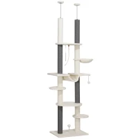 PawHut Árbol para Gatos de Suelo a Techo 225-255 cm con Hamacas Plataformas Juguete de Cuerda Bola de Juguete Crema y Gris(m-1)