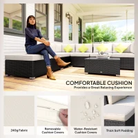 Outsunny 8 Pieces PE Rattan Corner Sofa Set Garden Aluminium Furniture Set with Glass Top Table Washable Cushion Cover Black(m-5)