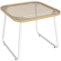 Outsunny Mesa de Jardín de Ratán Sintético con Encimera de Vidrio Templado y Patas Ajustables para Exterior 50x50x44 cm Natural(m-10)