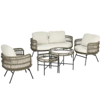 Outsunny Gartenmöbel-Set für 4 Personen aus PE-Rattan, 2 Sessel, 1 Sofa, 2 Beistelltisch, Boho-Stil, Braun+Grau(m-1)