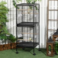 PawHut Cage Volière pour Oiseaux pour Intérieur avec Roulettes et Plateaux Amovibles, 51.5x50x140 cm, Noir(m-2)