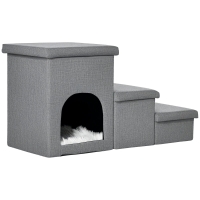 PawHut Scaletta per Cani e Gatti 10kg max a 3 Gradini con Casetta per Cani e Spazio Portaoggetti, 73.5x33x40.5 cm, Grigio