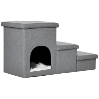 PawHut Scaletta per Cani e Gatti 10kg max a 3 Gradini con Casetta per Cani e Spazio Portaoggetti, 73.5x33x40.5 cm, Grigio(m-1)