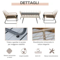 Outsunny Set Mobili da Giardino Stile Boho in Rattan PE con 2 Poltrone, Divanetto e Tavolino(m-6)