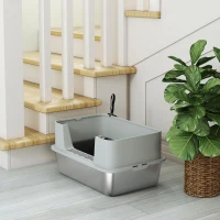 PawHut Caixa de Areia para Gatos em Aço Inoxidável XL Caixa de Areia para Gatos com Borda Alta e Pá 60x40x29,5 cm Cinzento(m-9)