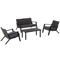 Outsunny Conjunto Móveis de Jardim Vime de 4 Peças com Sofá de 2 Lugares Poltrona Individual e Mesa de Centro Preto(m-10)
