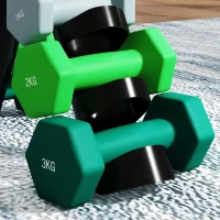 SPORTNOW Set 6 Hanteln Gewichte (2x1 kg, 2x2 kg, 2x3 kg) von 12 kg mit Ständer/Kettlebell, aus Metall und Kunststoff, Mehrfarbig(m-4)