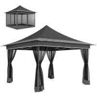 Outsunny Gazebo da Giardino ad Altezza Regolabile con Zanzariera, in Poliestere e Metallo, 357x357x310 cm, Grigio Scuro(m-1)