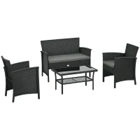 Outsunny Salotto da Esterno Rattan PE con Divanetto, 2 Poltrone con Cuscini e Tavolino in Vetro, Nero e Grigio(m-1)