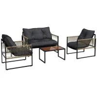 Outsunny Set de Mobilier de Gradina din 4 Piese PE Rattan cu Canapea Dubla, Fotoliu si Masuta de Cafea din Sticla, 106x70x72 cm(m-11)