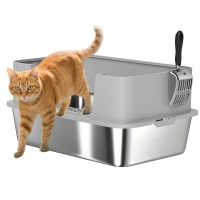 PawHut Caixa de Areia para Gatos em Aço Inoxidável XL Caixa de Areia para Gatos com Borda Alta e Pá 60x40x29,5 cm Cinzento(m-10)
