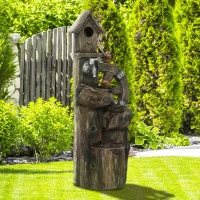 Outsunny Fontaine de Cascade 2 en 1 avec Maisonnette pour Oiseaux avec Lumières LED et Pompe Caractéristique de Jardin avec Troncs Multicolore(m-5)