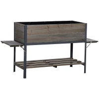 Outsunny Huerto Urbano Elevado de Madera 140x46x75,5 cm Mesa de Cultivo de Jardín con 2 Baldas Laterales Estante Inferior y 2 Orificios de Drenaje para Plantas Flores Gris(m-1)