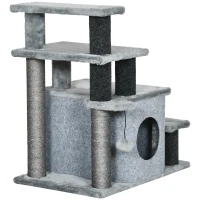 PawHut Escalier pour chat arbre à chat hauteur ajustable 3 ou 4 marches avec niche balle suspendue - 60 x 40 x 66 cm - gris(m-11)