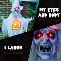 HOMCOM 6ft Outdoor Halloween Decoration Witch with Pumpkin, Hanging Skeleton Witch Prop Life Size with Sound and Motion Activated, Light Up Eyes, Laughing Sound, Posable Arms, White(m-5)