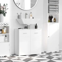 kleankin Meuble Sous Lavabo à 2 Portes, Armoire Gain de Place pour Lavabo en Bois avec Tablette Réglable, Blanc Brillant(m-2)
