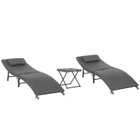 Outsunny Lettini Prendisole Richiudibili con Cuscini Rimovibili e Tavolino Pieghevole, Set 3 Pz in Rattan, Grigio(m-1)