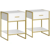 HOMCOM Ensemble de 2 Tables de Chevet Modernes avec Tiroir et Étagère Ouverte en MDF et Acier, 45x40x60cm, Blanc et Or(m-5)