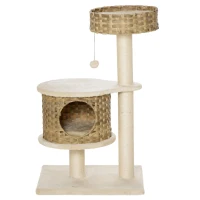 PawHut Arbre à Chat Rotin 95 cm Hauteur 3 Étages avec Plateforme, Panier Chat, Arbre à Chat avec Cabane à Chats Poteaux Sisal Boules de Jeux Mobilier pour Chat Sisal Nature+Beige(m-7)