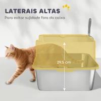 PawHut Caixa de Areia para Gatos em Aço Inoxidável XL Caixa de Areia para Gatos com Borda Alta e Pá 60x40x29,5 cm Cinzento(m-5)