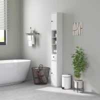 HOMCOM Colonne de Salle de Bain Gain de Place avec 2 Armoires, 3 Étagères Ouvertes et Tiroir, en Bois, 20x20x178 cm, Blanc(m-2)