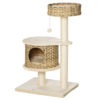 PawHut Arbre à Chat Rotin 95 cm Hauteur 3 Étages avec Plateforme, Panier Chat, Arbre à Chat avec Cabane à Chats Poteaux Sisal Boules de Jeux Mobilier pour Chat Sisal Nature+Beige(m-1)