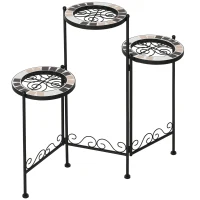Outsunny Suporte de Metal para Plantas Dobrável Suporte para Flores com 3 Prateleiras com Bordas de Azulejo para Decoração de Interiores e Exteriores 60x22x65cm Preto(m-10)