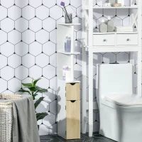 kleankin Colonna Bagno avec 2 Étagères et 2 Armoires, Meuble Haut Gain de Place 15.2x29.8x118 cm, Blanc et Bois Naturel(m-2)