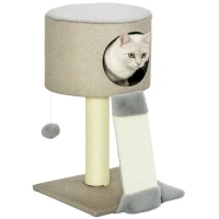 PawHut Árbol Rascador para Gatos Pequeño Altura 50 cm Torre Escalador de Gato con Cueva Rampa Poste Rascador de Sisal Natural y Bola Colgante 30x30x50 cm Beige Oscuro(m-10)