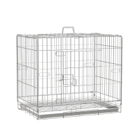 PawHut Gaiola Dobrável para Cães 61x43x50cm Gaiola de Metal para Cães com Bandeja Amovível com Travão Prata e Branco(m-10)