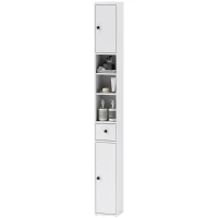 HOMCOM Colonne de Salle de Bain Gain de Place avec 2 Armoires, 3 Étagères Ouvertes et Tiroir, en Bois, 20x20x178 cm, Blanc(m-1)
