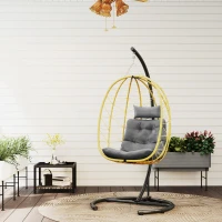 Outsunny Fauteuil Suspendu et Pliable avec Coussins, en Acier et Rotin PE, 102x102x195 cm, Noir Gris et Beige(m-4)