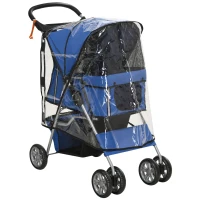 PawHut Cărucior Pliabil pentru Câini până la 10 kg cu Copertină de Ploaie, 75x45x97 cm, Albastru(m-11)