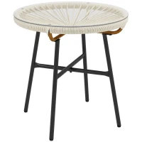 Outsunny Mesa Auxiliar de Vime Sintético para Exteriores com Bancada de Vidro Temperado e Pés de Metal Ø50x50 cm Creme e e Preto(m-10)