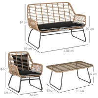 Outsunny Set Mobili da Giardino Stile Boho in Rattan PE con 2 Poltrone, Divanetto e Tavolino(m-3)