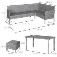 Outsunny 6-Seater Rattan Dining Set Sofa Table Footstool Outdoor w/ Cushion Garden Furniture(m-3)