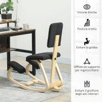 HOMCOM Sedia Inginocchiatoio Dondolante in Tessuto Effetto Lino e Legno di Betulla, 51x84x93 cm, Nero(m-5)