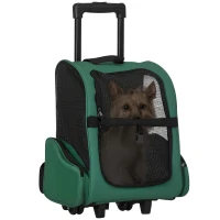 PawHut Trasportino Zaino 2 in 1 per Cani e Gatti con Tasche Laterali, Maniglia Telescopica e Ruote, 42x25x55cm, Verde(m-1)