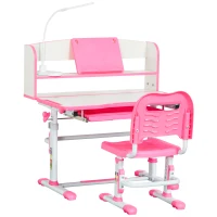 HOMCOM Bureau Scolaire pour Enfants 6-12 Ans Réglable avec Lampe LED, Liseuse et Porte-Stylos, en MDF, PP et Acier, Rose(m-6)