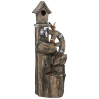 Outsunny Fontaine de Cascade 2 en 1 avec Maisonnette pour Oiseaux avec Lumières LED et Pompe Caractéristique de Jardin avec Troncs Multicolore(m-7)
