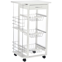 HOMCOM Chariot de service desserte de cuisine à roulettes multi-rangements 3 paniers métal tiroir + 2 range-bouteilles bois pin blanc