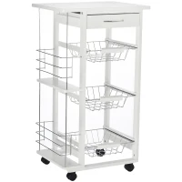 HOMCOM Chariot de service desserte de cuisine à roulettes multi-rangements 3 paniers métal tiroir + 2 range-bouteilles bois pin blanc(m-1)