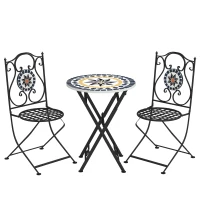 Outsunny Conjunto de Jardim de 3 Peças com Mesa Redonda Cadeiras Dobráveis e Desenho em Mosaico para Varanda Pátio Multicor(m-10)
