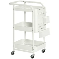 HOMCOM Carrinho de Cozinha com Rodas Carrinho de Armazenamento de 3 Níveis com 4 Ganchos 2 Cestas Alça de Transporte e Rodas com Freio para Casa de Banho Escritório Dormitório 51,5x32x75,6cm Branco(m-10)