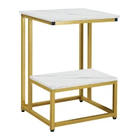 HOMCOM Side Table, Doule Layer End Table, Modern Coffee Table with Steel Frame and Adjustable Non-Slip Feet for Living room, Bedroom, White(m-10)