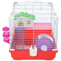 PawHut Cage pour Hamsters à 2 Niveaux en Métal et PP avec Maisonnette, Réservoir d'Eau et Roue, 47x30x27 cm(m-4)