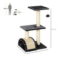 PawHut Arranhador para Gatos Médio de 3 Níveis  com Postes de Sisal Placa para Arranhar e Bola Suspensa 40x35x72 cm Cinzento Escuro(m-3)